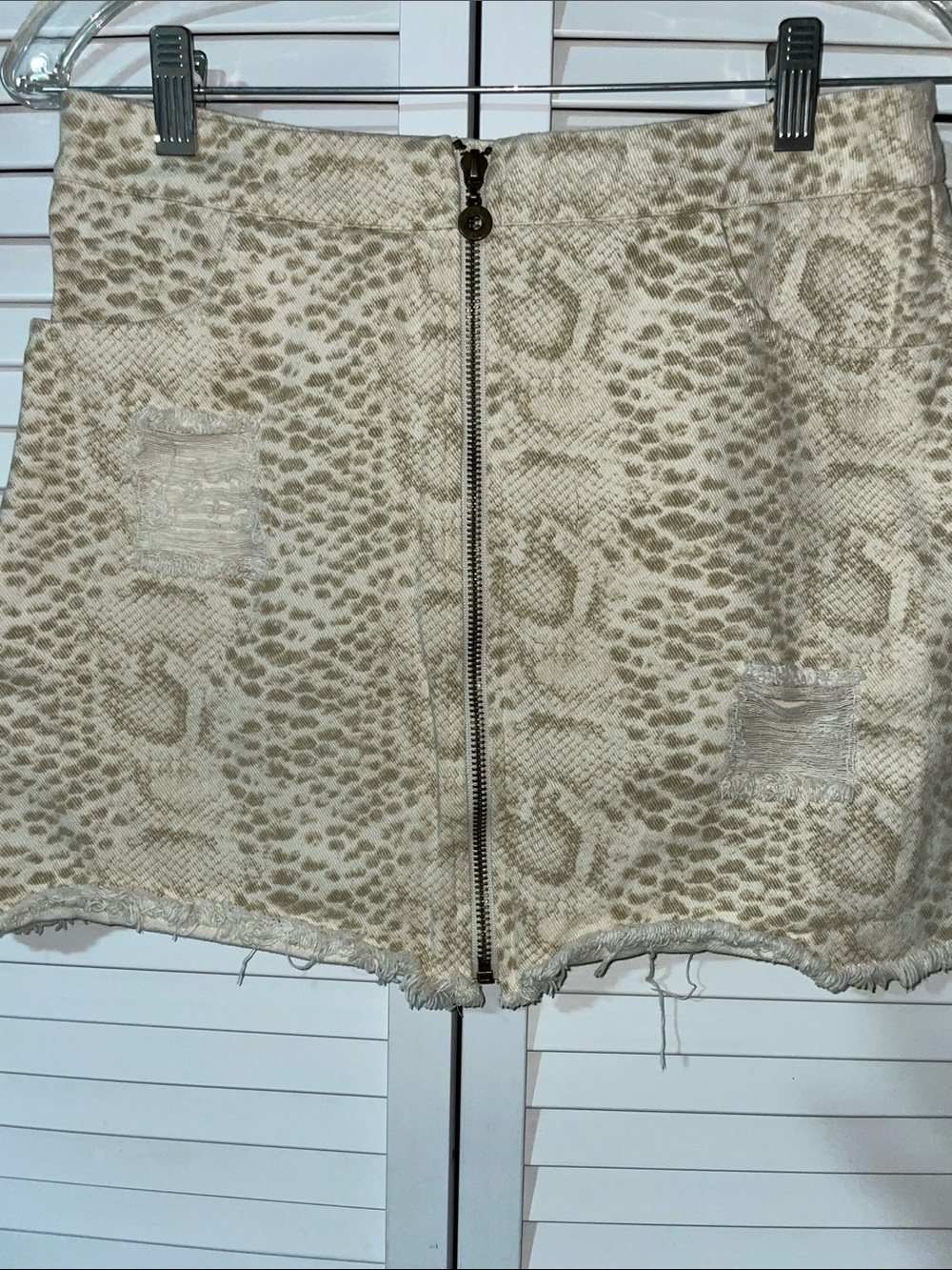 Beige Snake Print Denim Mini Skirt with Front Zip